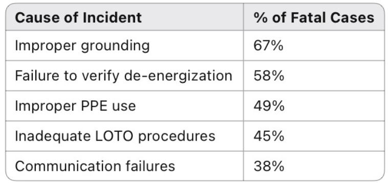 Causes of fatal incidents and percentages