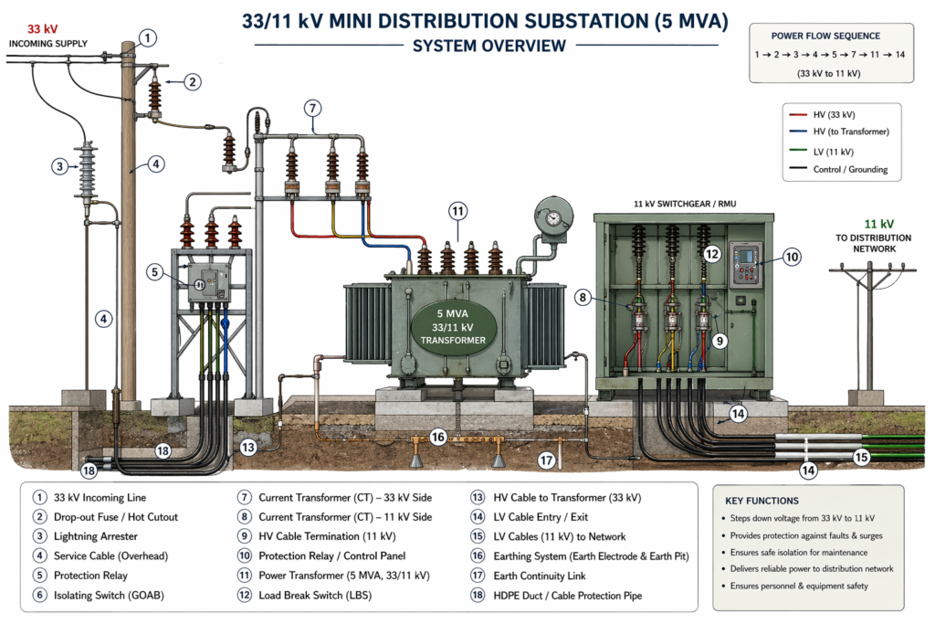 A simplified view of how electricity flows from generation to end consumers via substations