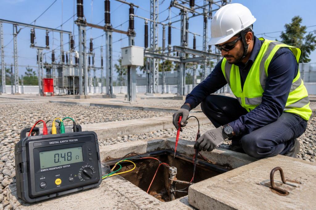 safety helmet and high-visibility vest conducting a digital earth resistance meter test