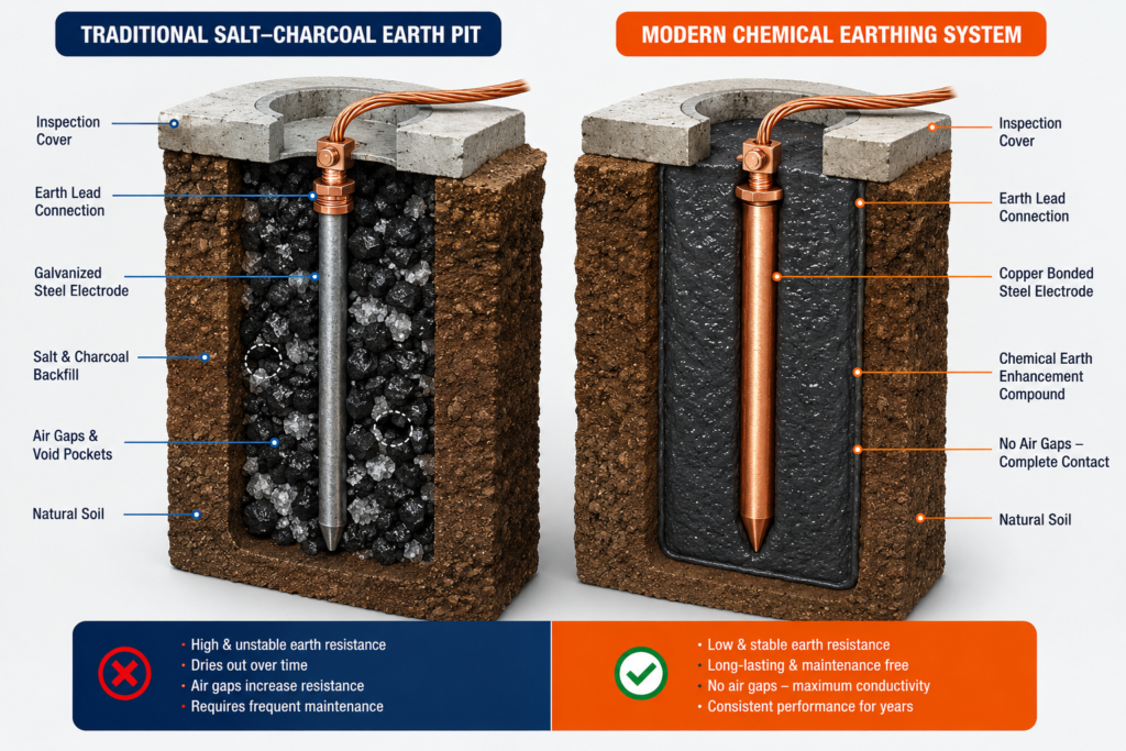 side-by-side technical comparison diagram between a traditional salt-charcoal earth pit (left) and a modern chemical earthing system (right)