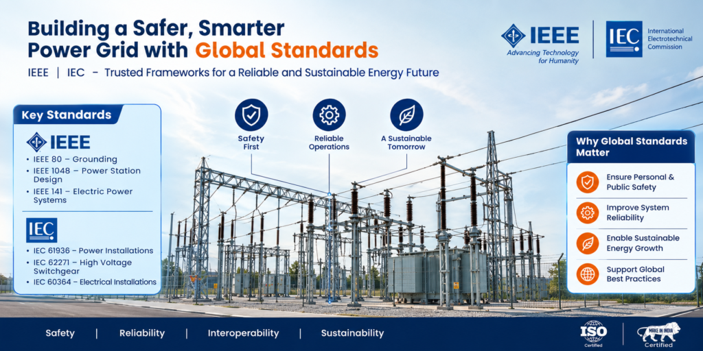 An overview of compliance standards like IEEE Std 80 and IEC 60364 governing safe electrical grid design and substation configurations.