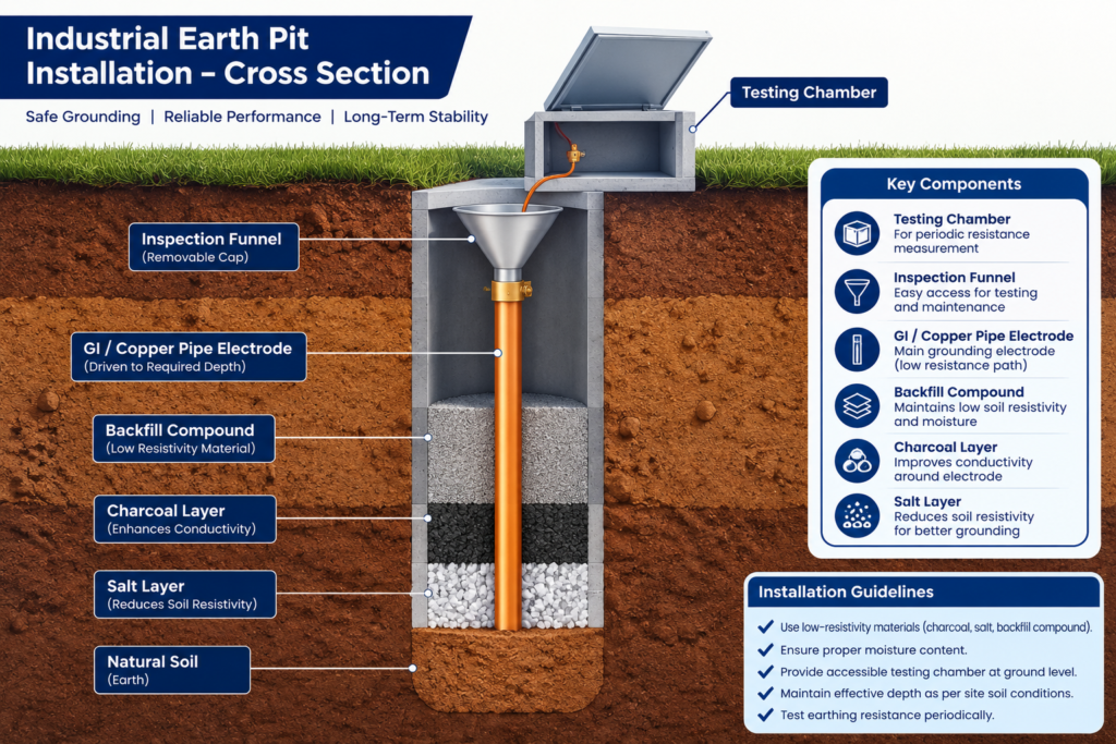 Cross-section technical layout of an industrial earth pit featuring pipe earthing layers, backfill compound, and soil resistivity management.