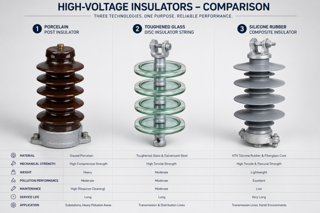 Technical side-by-side comparison evaluating Porcelain, Toughened Glass, and Composite Silicone Rubber insulators across mechanical strength, pollution performance, and operational lifespan.