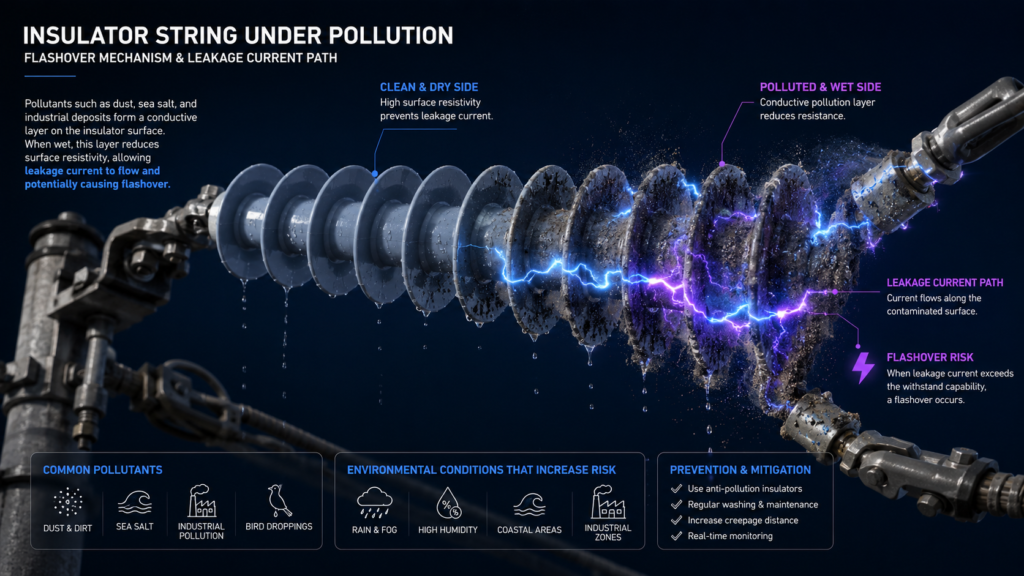 Illustration showing how accumulated airborne pollution and surface moisture form a conductive path, leading to dry-band arcing across insulator sheds.