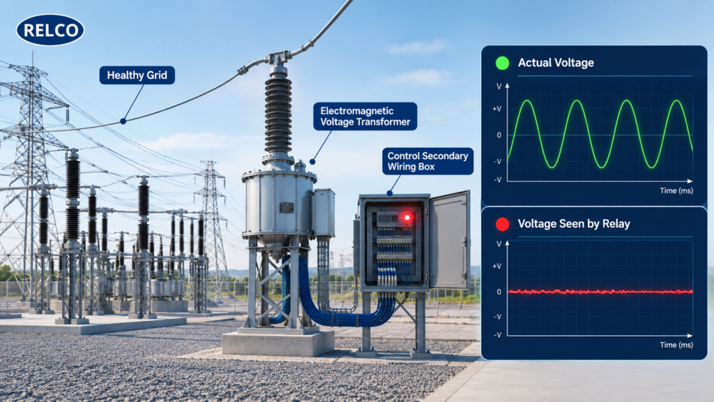 3D infographic illustration of a healthy electrical switchyard, secondary wiring fault, and an oscilloscope comparing actual grid voltage with distorted relay voltage.