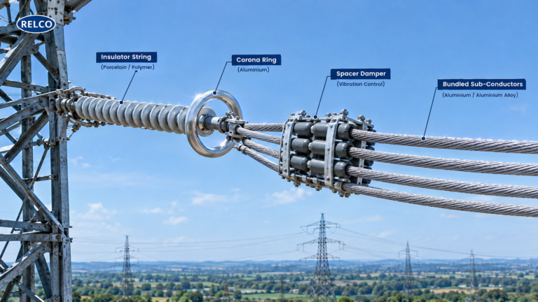 A detailed engineering view of high-voltage power grid hardware showcasing bundled sub-conductors with spacer dampers and aluminum corona rings installed on insulator strings.