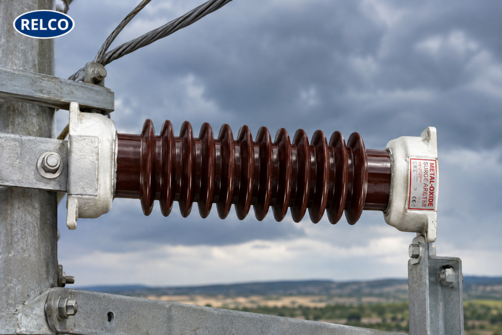 Heavy-duty metal-oxide surge arrester installed on a high-voltage electrical distribution pole for lightning protection