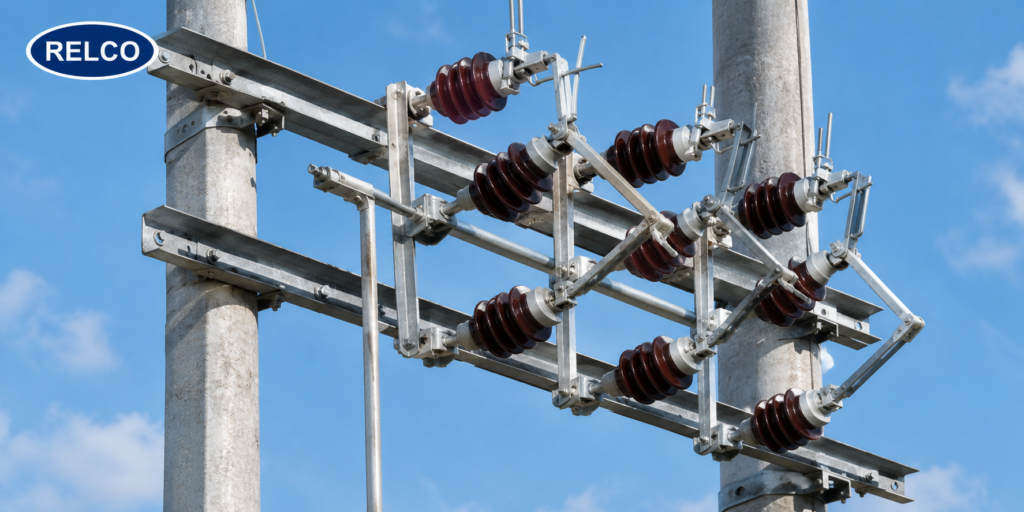 Hot-dip galvanized Gang Operated Air Break GOAB switch installed on outdoor utility poles