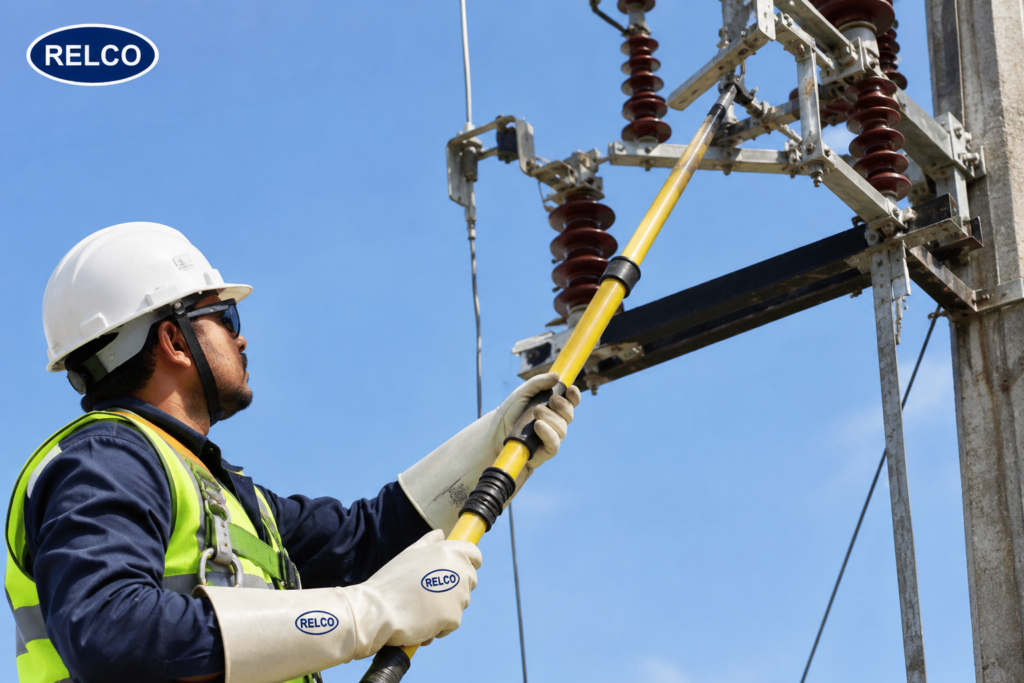 Electrical utility lineman working with insulated FRP hot stick and safety gear on distribution lines.