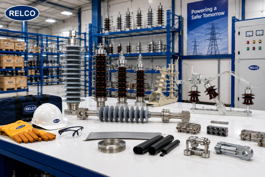 Export-grade high-voltage electrical power distribution equipment and accessories neatly organized in a facility
