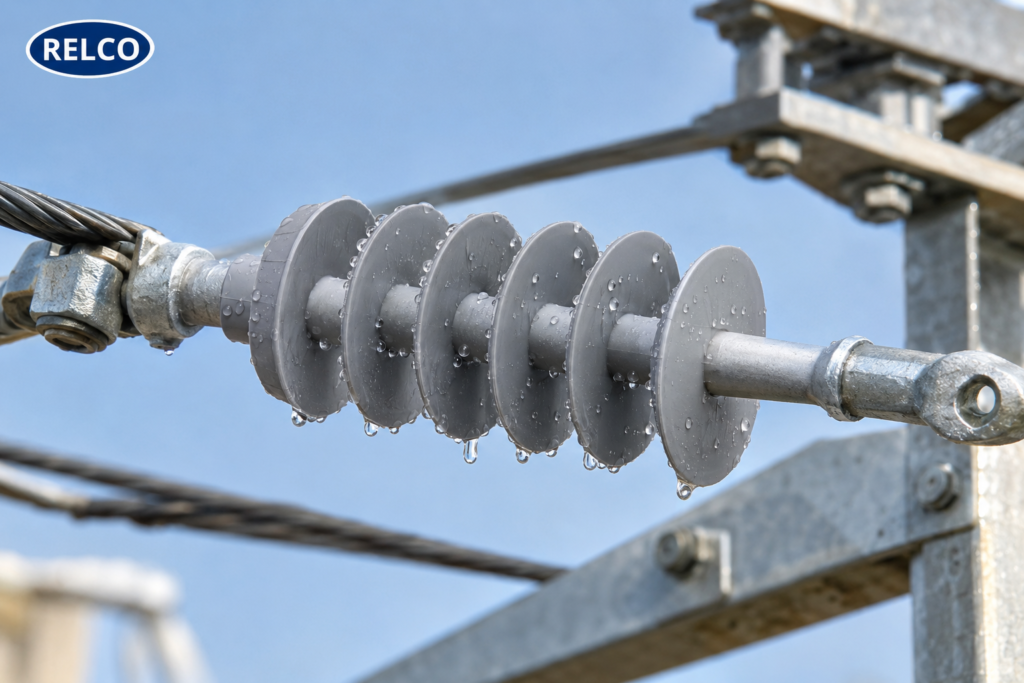 Composite polymeric high-voltage electrical insulator showing water-repellent hydrophobicity on a utility crossarm