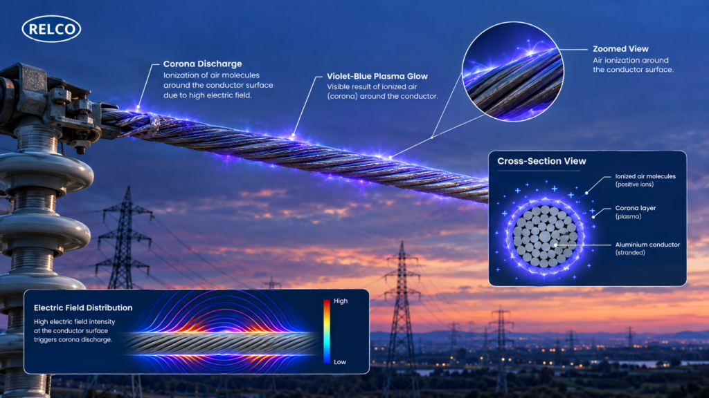A close-up technical engineering photograph illustrating a faint violet-blue plasma ionization glow (corona discharge) surrounding a high-voltage overhead power transmission line conductor at dusk.