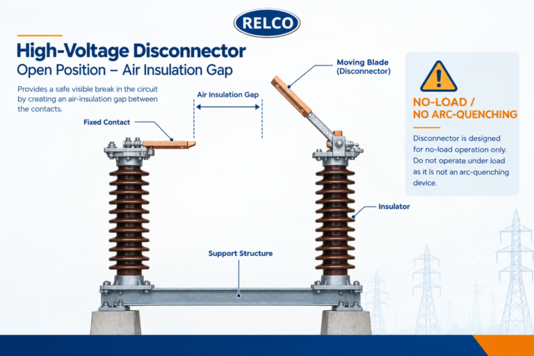Technical cross-section diagram showing a high-voltage disconnector blade in an open position
