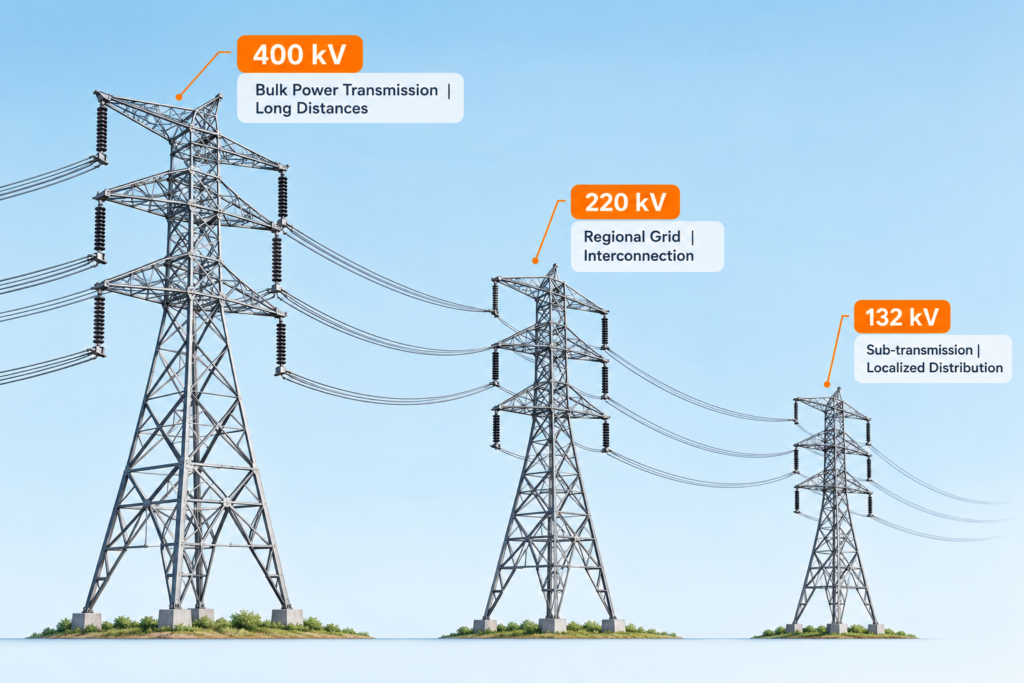 400kV, 220kV, and 132kV high-voltage power transmission towers comparison