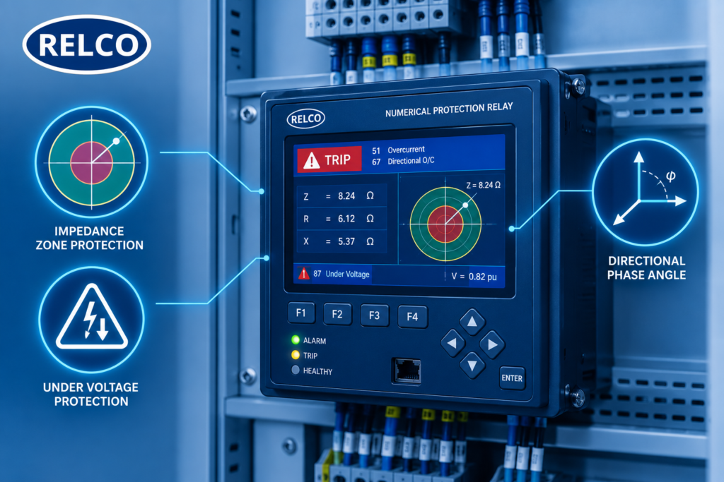 Digital protection relay screen showing trip warnings and impedance values surrounded by technical vector icons for grid protection functions.