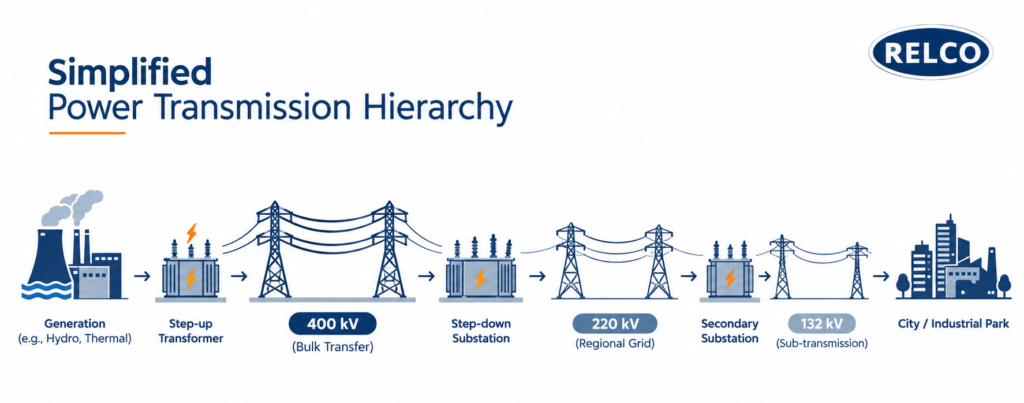Power system hierarchy single-line diagram from generation to 400kV, 220kV, and 132kV substations