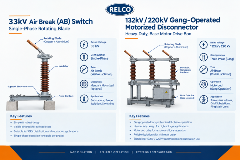 Structural and mechanism comparison between a 33kV Air Break (AB) switch (left) and a heavy-duty 132kV/220kV Gang-Operated Motorized Disconnector (right).
