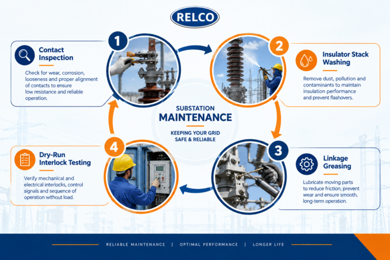 Four-step preventive maintenance checklist covering contact inspection, insulator washing, linkage greasing, and dry-run interlock testing for maximum grid uptime.