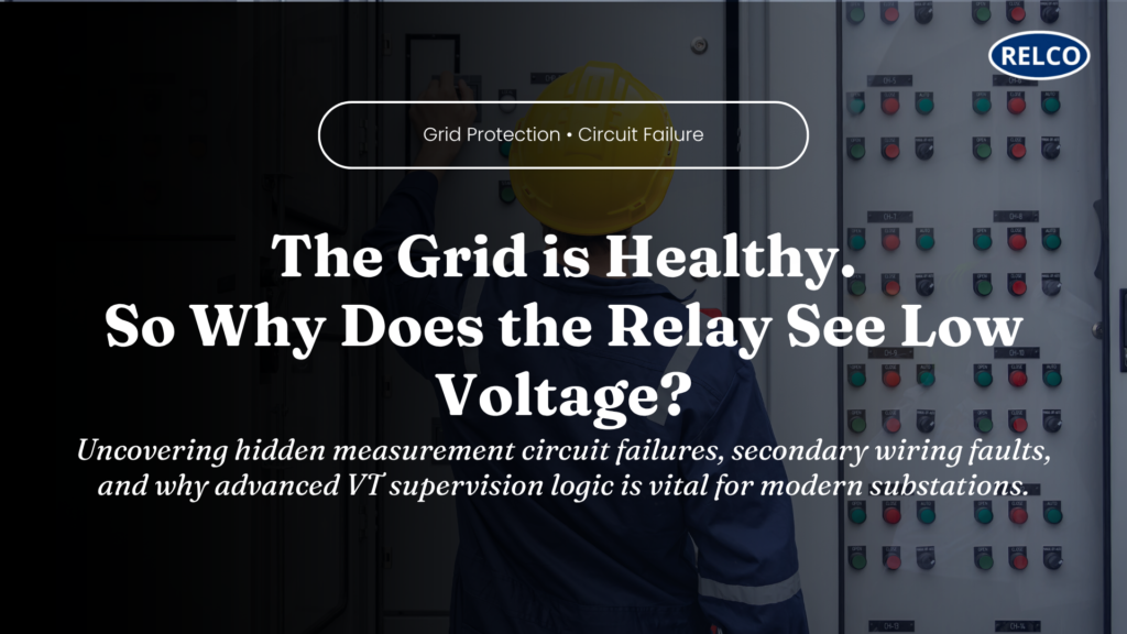 Professional cover image for a technical power system blog titled "The Grid is Healthy. So Why Does the Relay See Low Voltage?" showing substation infrastructure.