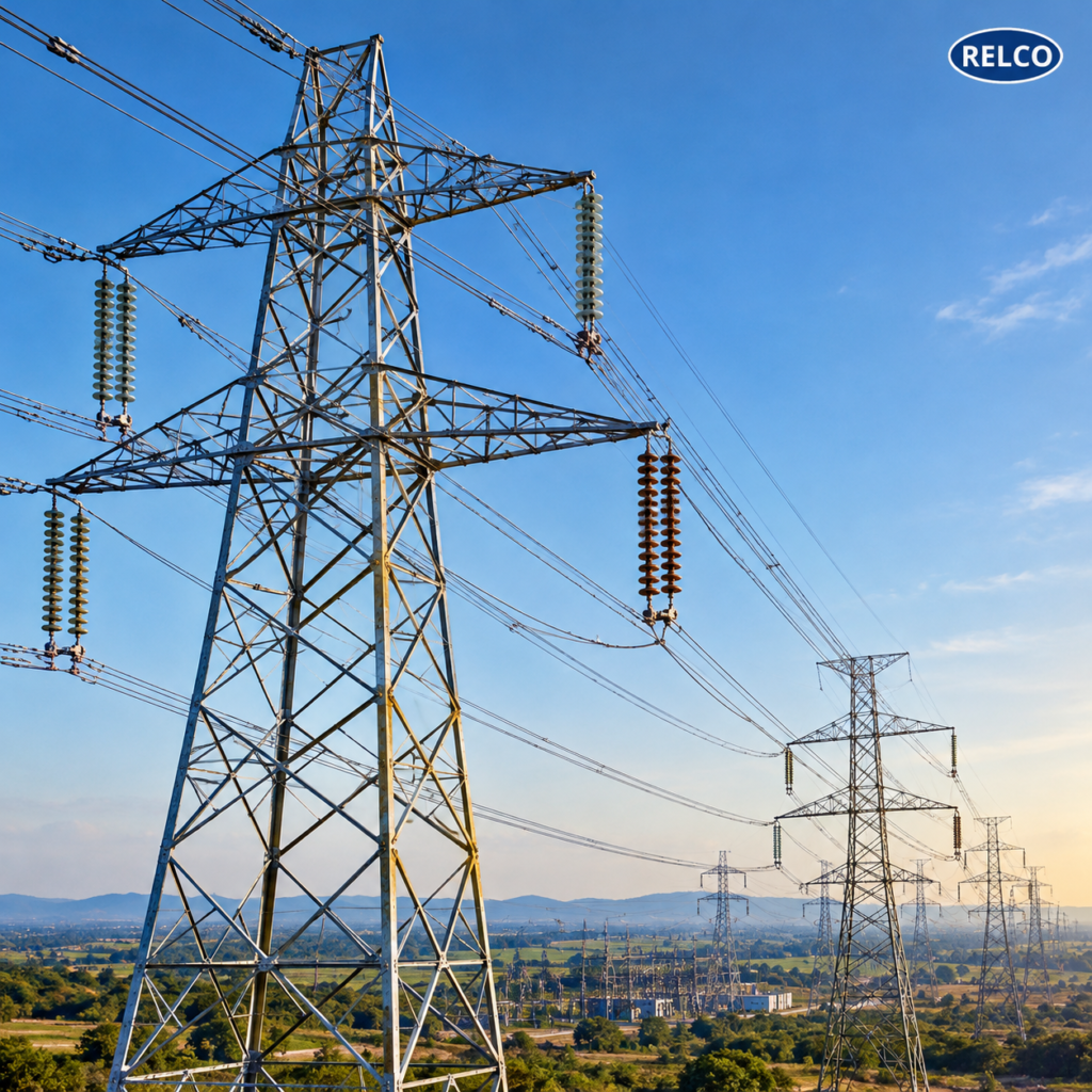 High voltage insulators installed on transmission towers featuring polymeric insulators vs porcelain insulators